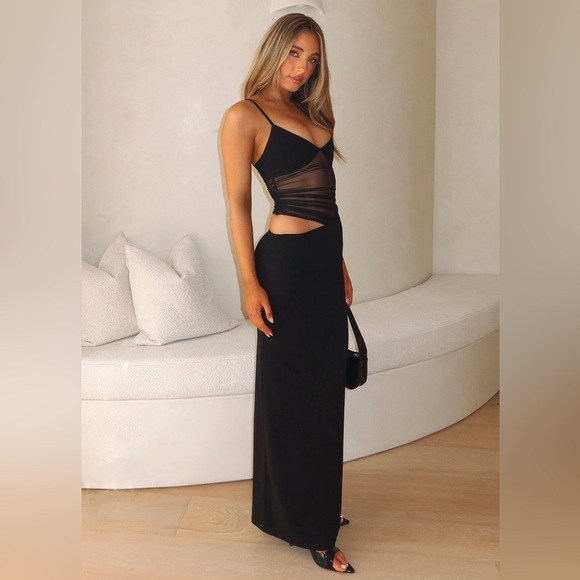 White Fox Call Me Up Maxi Dress Black Cut Out Mesh Sheer Size M Party Event Sexy - Picture 1 of 16